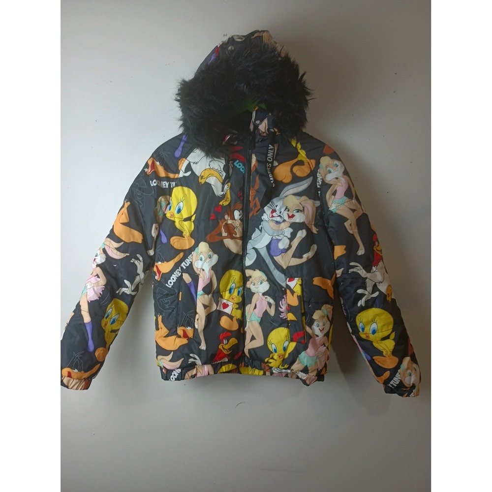 Members Only Looney Tunes Puffer Jacket Faux Fur Hood Character Print Small